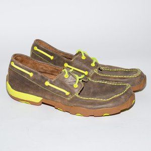 Twisted X Mens Leather Brown Bomber Neon Yellow Driving Moc Shoe MDM0018 Sz 13